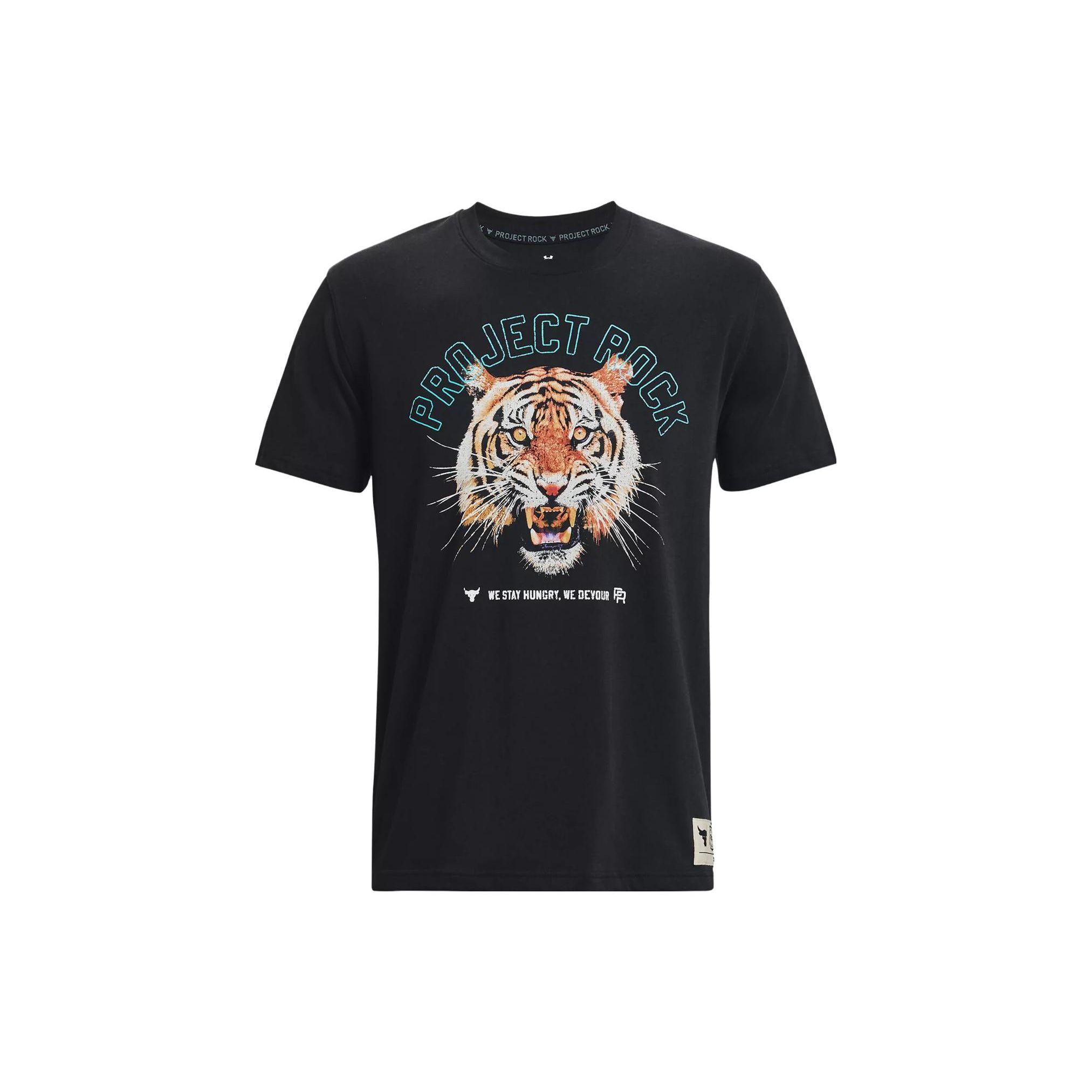 Under Armour Project Rock Retro Tiger Print Crew Neck Short Sleeve T-Shirt Men Tops Black 1379113-001 L