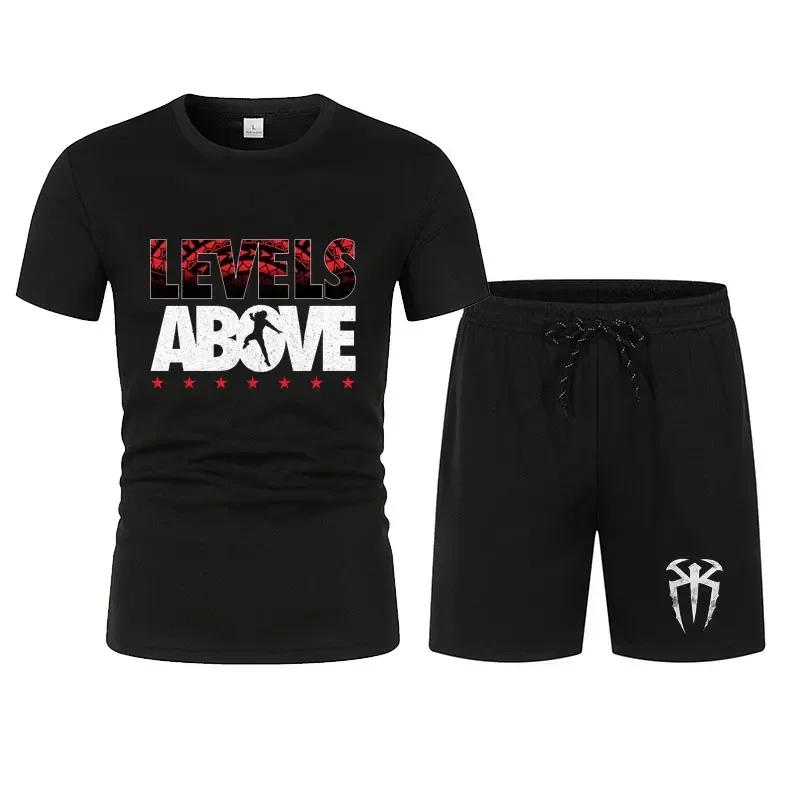 New Movement Heren Zwart Roman Reigns Levels Above T-shirt Shorts Set Zomer Korte Mouw Man Oversized Pakken Nieuwe Mode Kledingsets XL