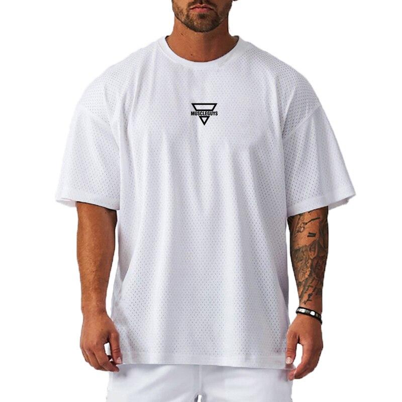 Muscleguys Nieuwkomers Holle, ademende T-shirts Heren Eenvoudige dunne korte mouwen zomer Fitness Doen Oefening Oversized tops XXL wit