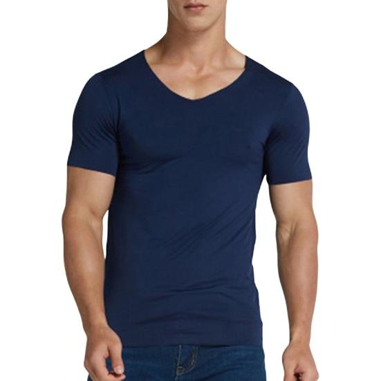 Shenglian Mannen Zomer T-shirt Effen Kleur Naadloos Ijs Zijde V-hals Korte Mouwen Zacht Ademend Trui Sport Business Casual Heren Office top XL marineblauwe kleur