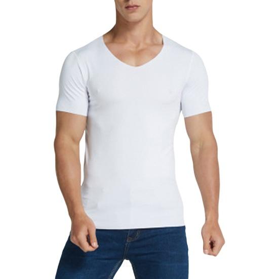 Shenglian Mannen Zomer T-shirt Effen Kleur Naadloos Ijs Zijde V-hals Korte Mouwen Zacht Ademend Trui Sport Business Casual Heren Office top 2XL wit