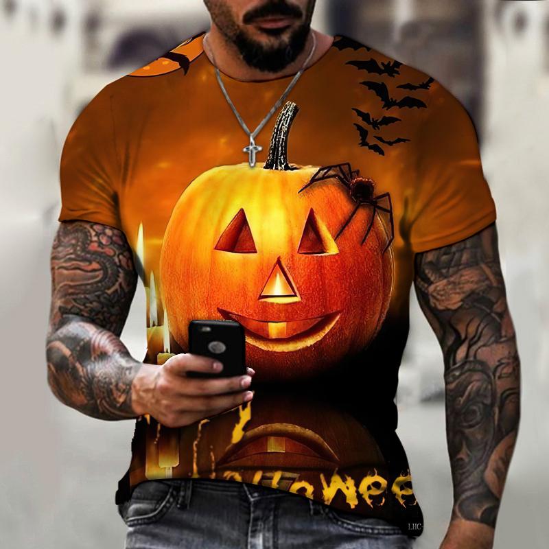 Subilier Zomer heren T-shirt Halloween Pompoen Ghost 3D Print Korte mouw Horror Losse Casual Harajuku Oversized Ademende T-shirts 5XL