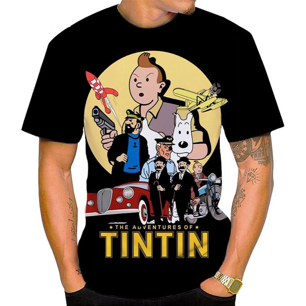 WowClassic Summer Round Neck 3D Cartoon 'The Adventures of Tintin' Graphic Print Top Fashionable Casual Short Sleeved Men's T-shirts L