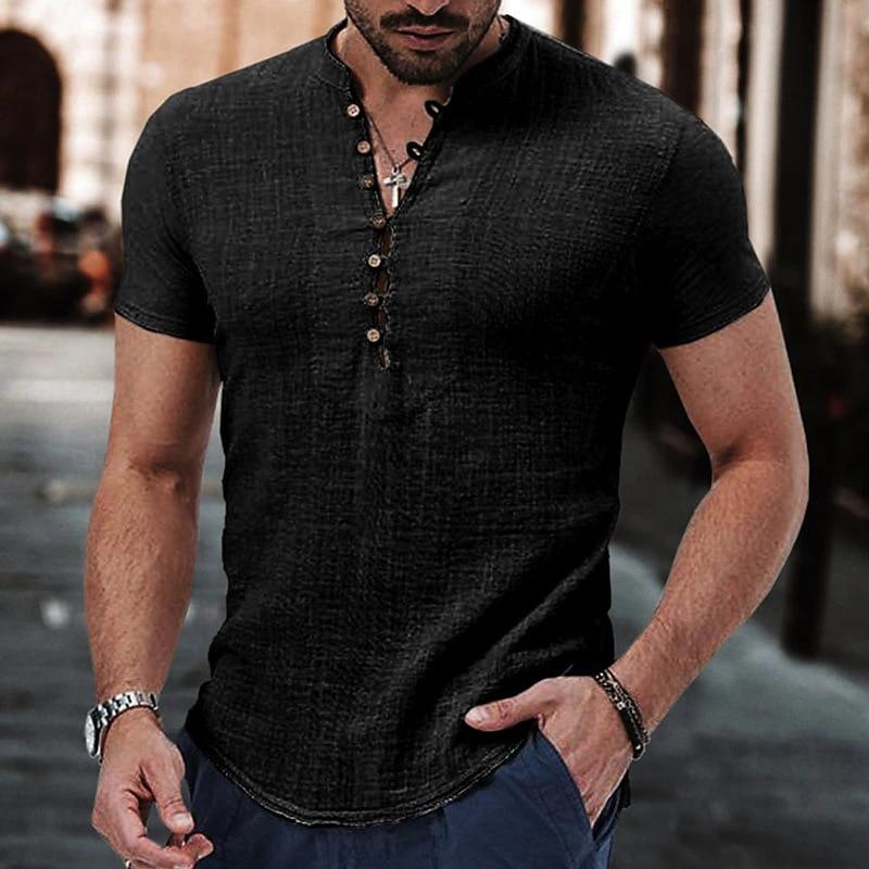 King Billion 2024 Nieuwe heren korte mouw T-shirt knoop katoenen linnen overhemd heren casual kleding populaire tops voor mannen US XL zwart