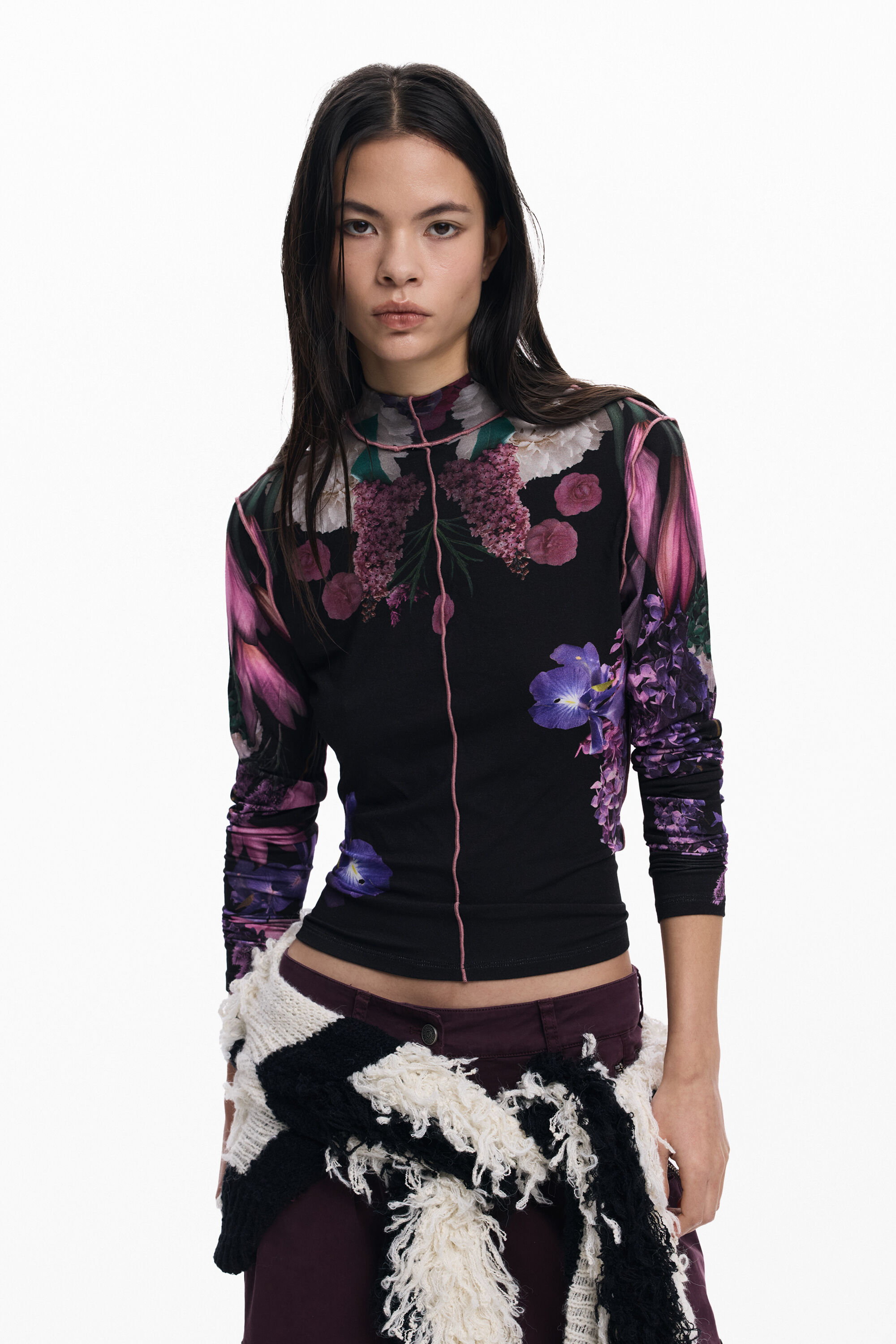 Desigual T-shirt met bloemen en spiegel - BLACK