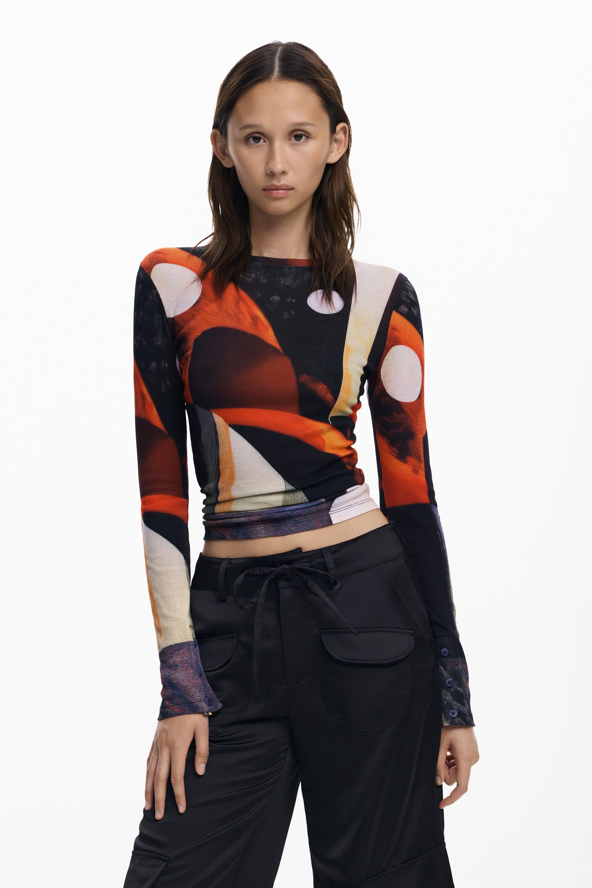 Desigual Bedrukte T-shirt met knopen - BLACK