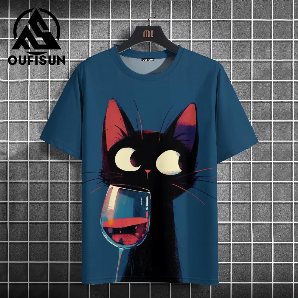 Xuhaijian02 Zomer Heren T-shirt Dier Schattige Kat Print Ronde Hals Korte Mouw Tee Street Trend Tops Oversized Herenkleding T-shirt Voor Heren 3XL