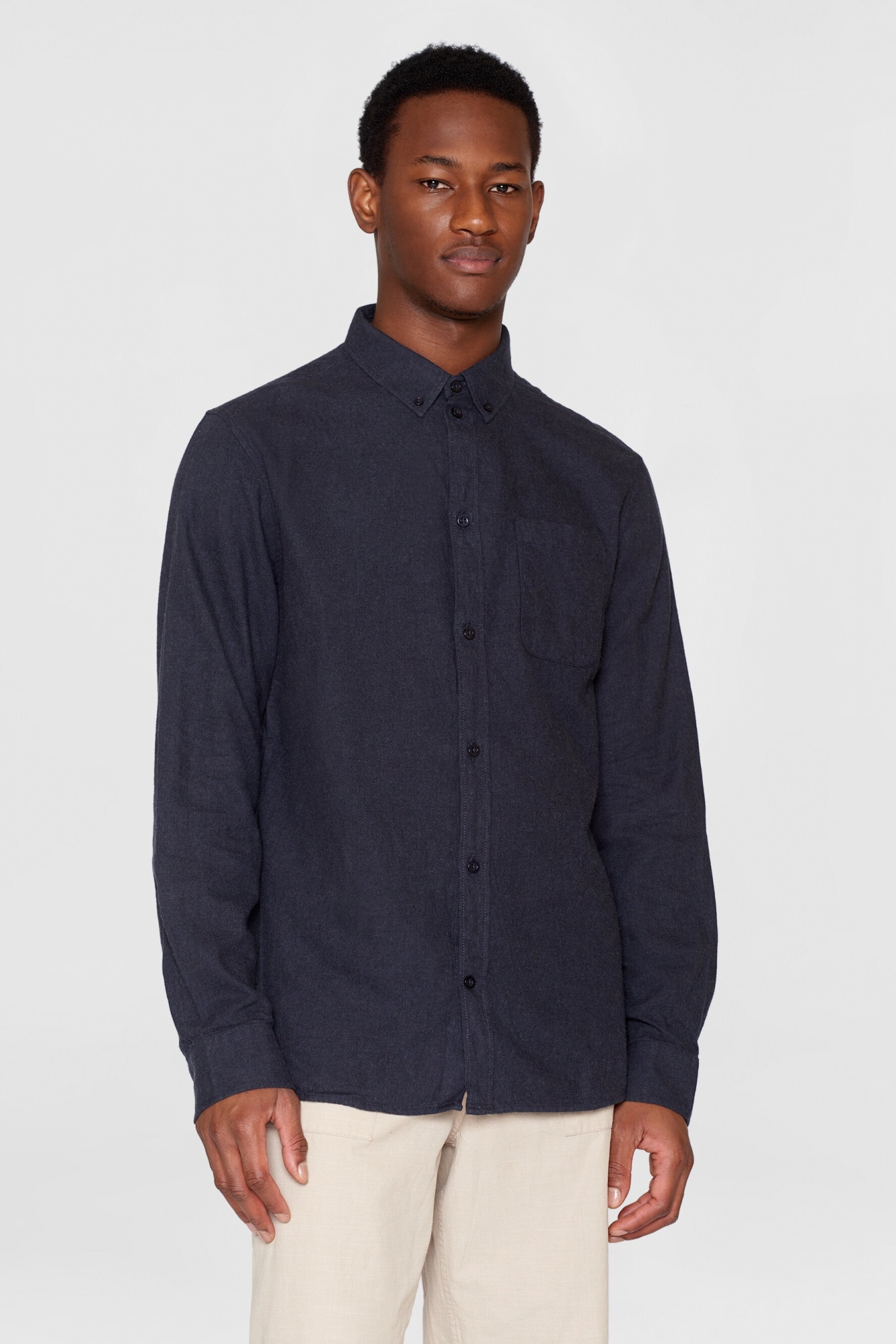 KnowledgeCotton Apparel Herren vegan Hemd Flanell Regular Melange Total Eclipse Navy