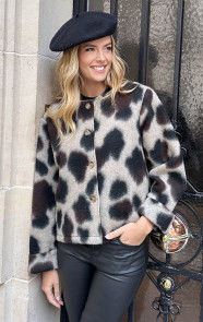 The Musthaves Woven Button Bomber Jacket Leopard Choco