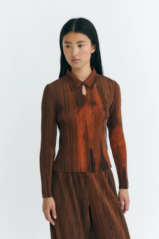 Thinking mu Damen vegan Top Plissee Agostina BrÃ¤unlich Orange