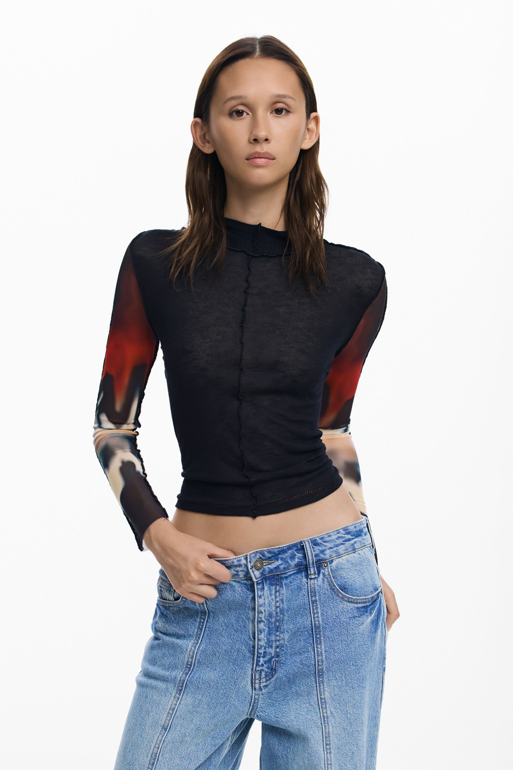 Desigual T-shirt met transparante mouwen - BLACK