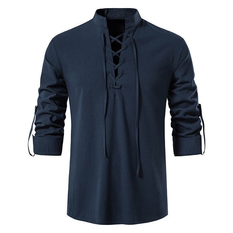 NOWVOGUE 2023 Mannen V-hals Shirt T-shirt Fashion Vintage Dunne Lange Mouw Top Mannen Casual Ademend Front Lace Up Man Shirts XXXL marineblauwe kleur