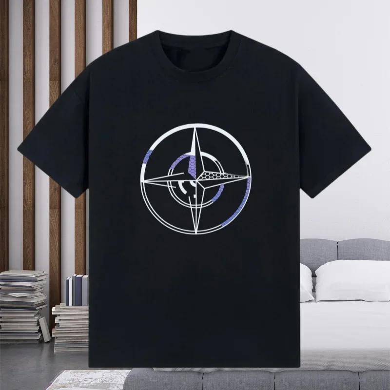 Comfortable season 2025 Fashion Light Luxury Brand Cotton Casual Short Sleeve Stone Printed Top Men's and Women's Versatile Round Neck T-shirt L