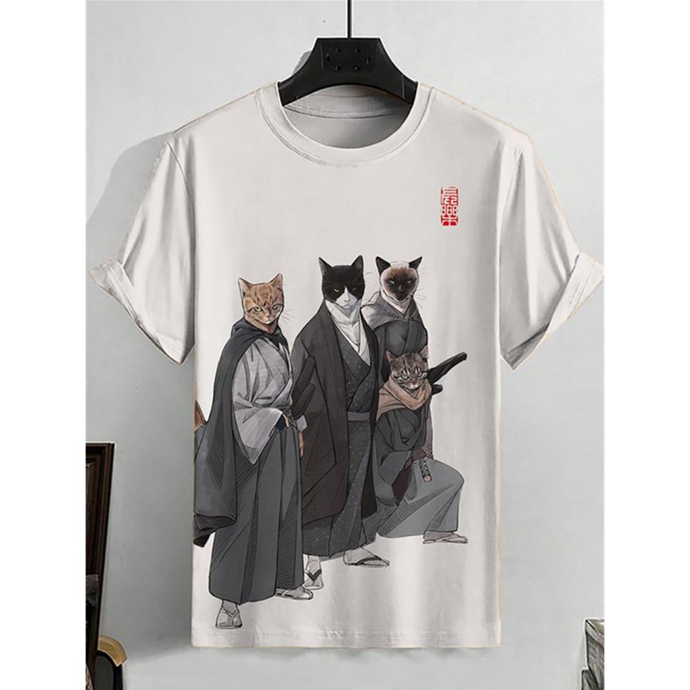 ETST0012 Japanse Samurai Kat Heren T-shirt Zomer Mode Korte Mouw Casual Top Losse Ademende Micro Elastische O Hals T-shirt Heren 4XL