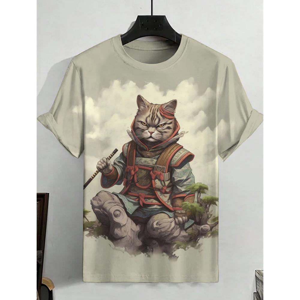 ETST0012 Japanse Samurai Kat Heren T-shirt Zomer Mode Korte Mouw Casual Top Losse Ademende Micro Elastische O Hals T-shirt Heren 4XL