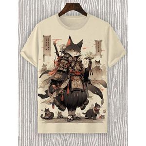 ETST0012 Japanse Samurai Kat Heren T-shirt Zomer Mode Korte Mouw Casual Top Losse Ademende Micro Elastische O Hals T-shirt Heren L