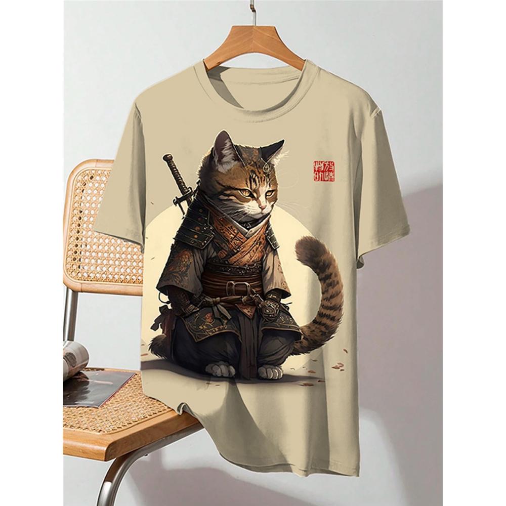 ETST0012 Japanse Samurai Kat Heren T-shirt Zomer Mode Korte Mouw Casual Top Losse Ademende Micro Elastische O Hals T-shirt Heren 6XL