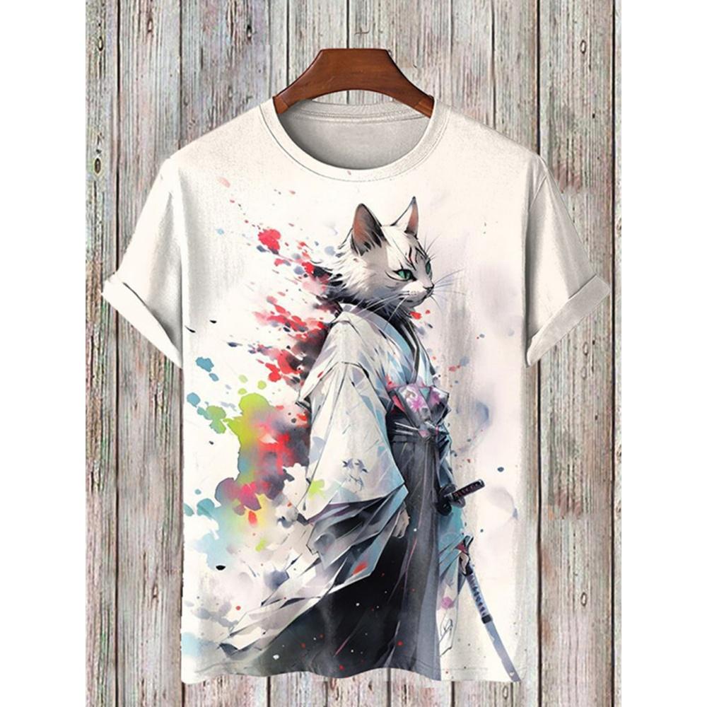 ETST0012 Japanse Samurai Kat Heren T-shirt Zomer Mode Korte Mouw Casual Top Losse Ademende Micro Elastische O Hals T-shirt Heren 2XL