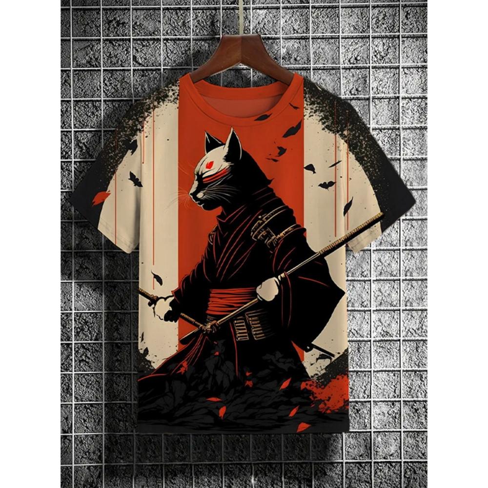 ETST0012 Japanse Samurai Kat Heren T-shirt Zomer Mode Korte Mouw Casual Top Losse Ademende Micro Elastische O Hals T-shirt Heren 4XL