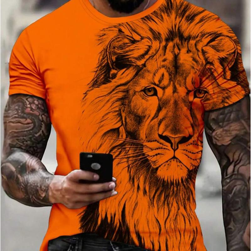 Happy Show Nieuw Zomer Heren Mode T-shirt Dieren Leeuw Bedrukt Heren T-shirt Top L oranje
