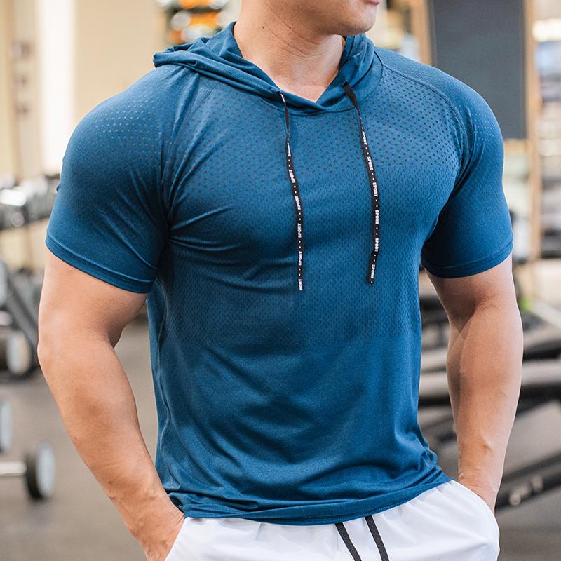 Shedao Pro Fitness Sporting Heren Hardloop Hoodies Bodybuilding Sport Hooded Korte Mouw Gyms Fitness Kleding Spier Shirt Sneldrogend Trainings T-shirt XL