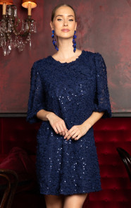 Jurkjes Glitter Dress Met See-Through Pofmouw Navy