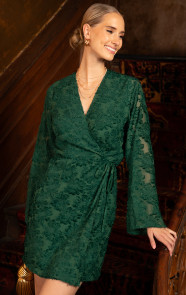 Jurkjes Party: Franje Wikkel Jurk Flared Mouw Emerald