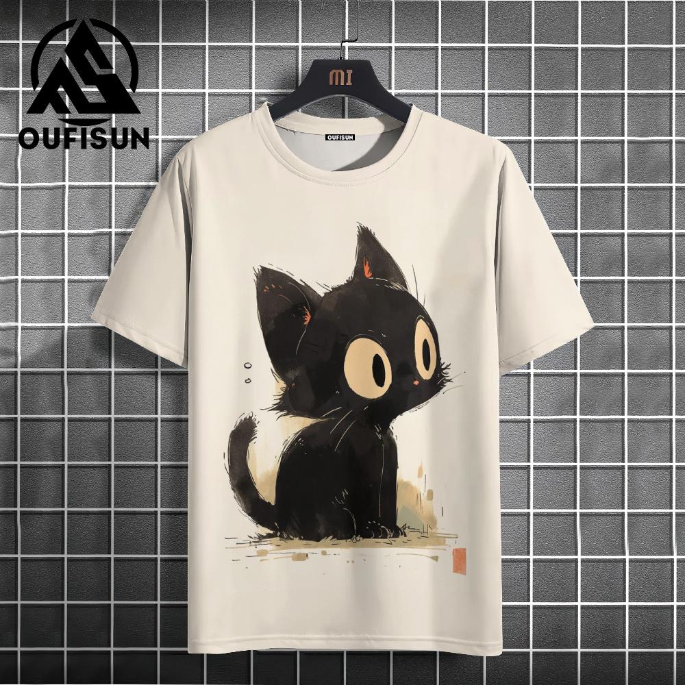 Xuhaijian02 Zomer Heren T-shirt Dier Schattige Kat Print Ronde Hals Korte Mouw Tee Street Trend Tops Oversized Herenkleding T-shirt Voor Heren XL