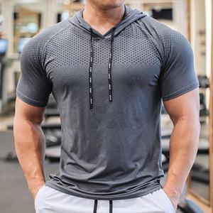 Shedao Pro Fitness Sporting Heren Hardloop Hoodies Bodybuilding Sport Hooded Korte Mouw Gyms Fitness Kleding Spier Shirt Sneldrogend Trainings T-shirt L