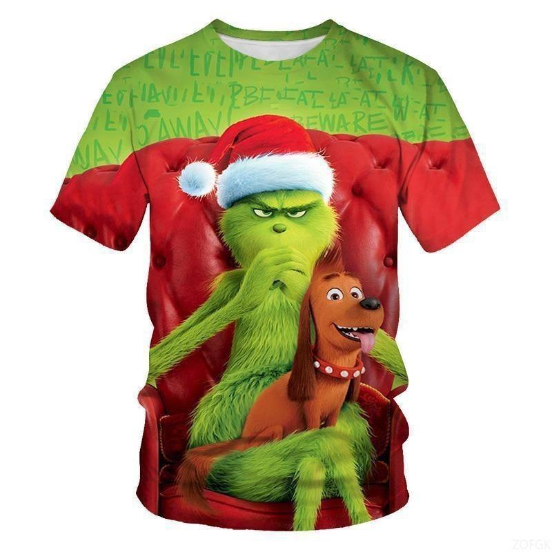 Huiteng Nieuw 2025 Kerst Cartoon Groen Fur Monster 3D Geprint Heren Korte Mouw Grinch M