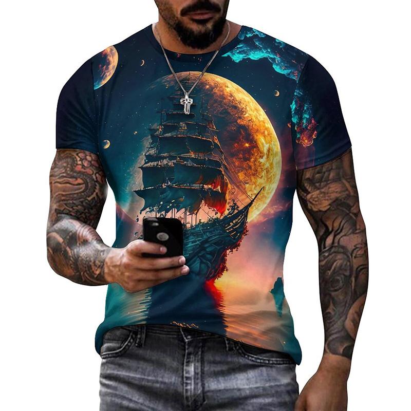 ETST 05 Zomer Heren T-shirts Casual Los T-shirt Zeilboot Piratenschip 3D Geprint O-Hals Korte Mouw T-shirt Homme Oversized Kwaliteit XL