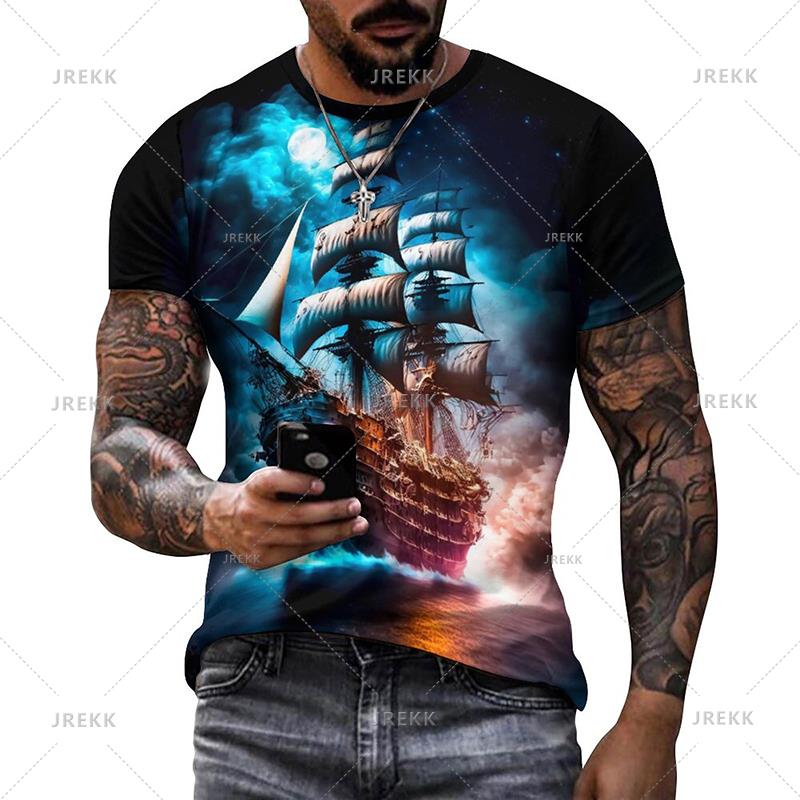 ETST 05 Zomer Heren T-shirts Casual Los T-shirt Zeilboot Piratenschip 3D Geprint O-Hals Korte Mouw T-shirt Homme Oversized Kwaliteit L