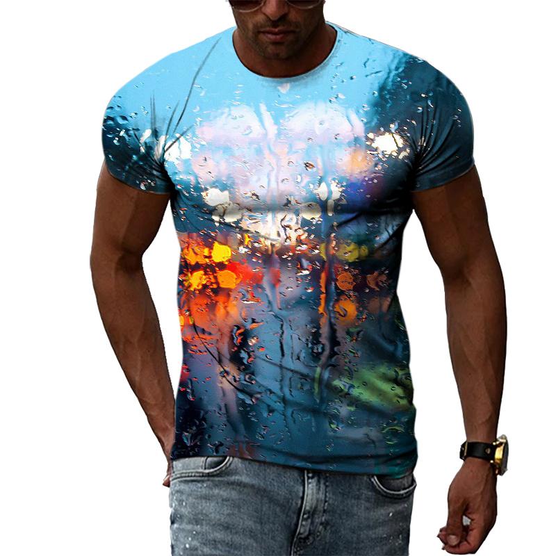 Kukebang Raindrop Creative Pattern Heren 3D Geprint T-shirt Mode Casual Persoonlijkheid Natuurlijk Landschap Crew Oversized Hals Korte Mouw Top M