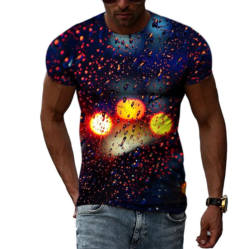 Kukebang Raindrop Creative Pattern Heren 3D Geprint T-shirt Mode Casual Persoonlijkheid Natuurlijk Landschap Crew Oversized Hals Korte Mouw Top 3XL