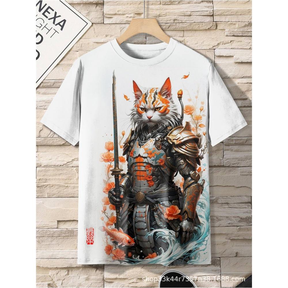 ETST0012 Japanse Samurai Kat Heren T-shirt Zomer Mode Korte Mouw Casual Top Losse Ademende Micro Elastische O Hals T-shirt Heren XL