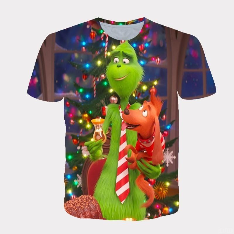 Huiteng Nieuw 2025 Kerst Cartoon Groen Fur Monster 3D Geprint Heren Korte Mouw Grinch XL