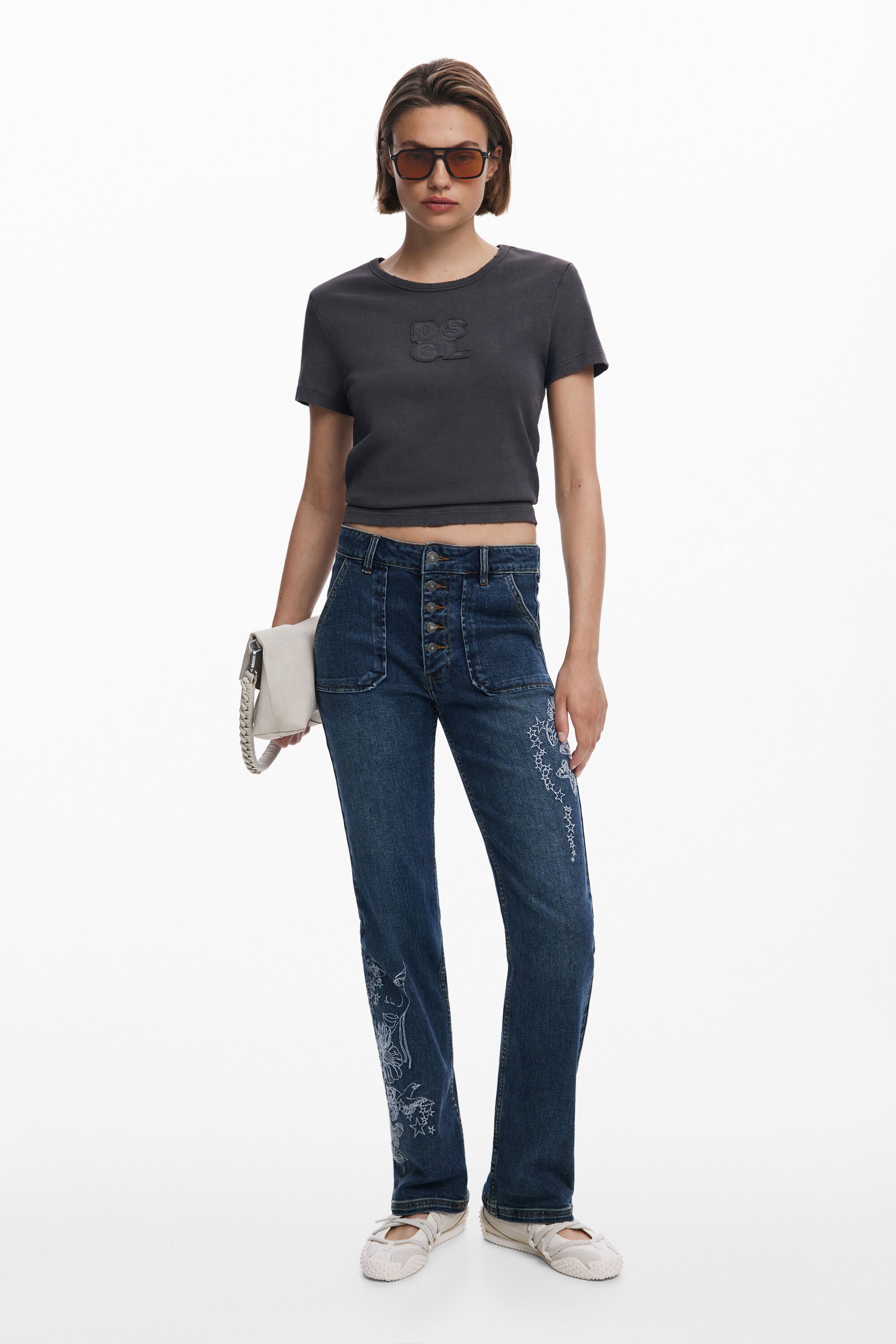 Desigual Geborduurde jeans met vierkante zakken - BLUE