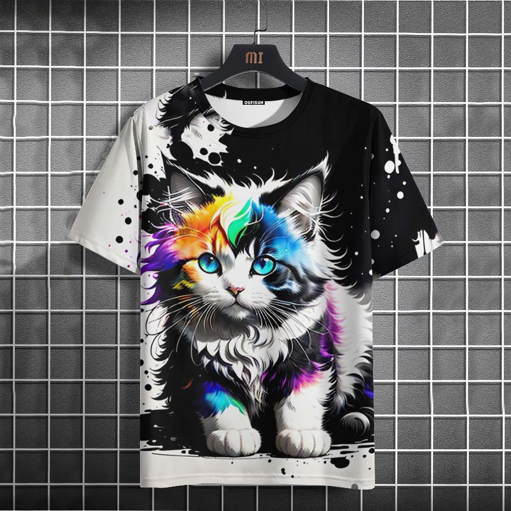 Bobby3 Cartoon Animal Men's T-Shirt Cute Cat Pattern Printed Tees Casual Loose Short Sleeve T-shirts Oversized Men Clothing Tops Summer 4XL