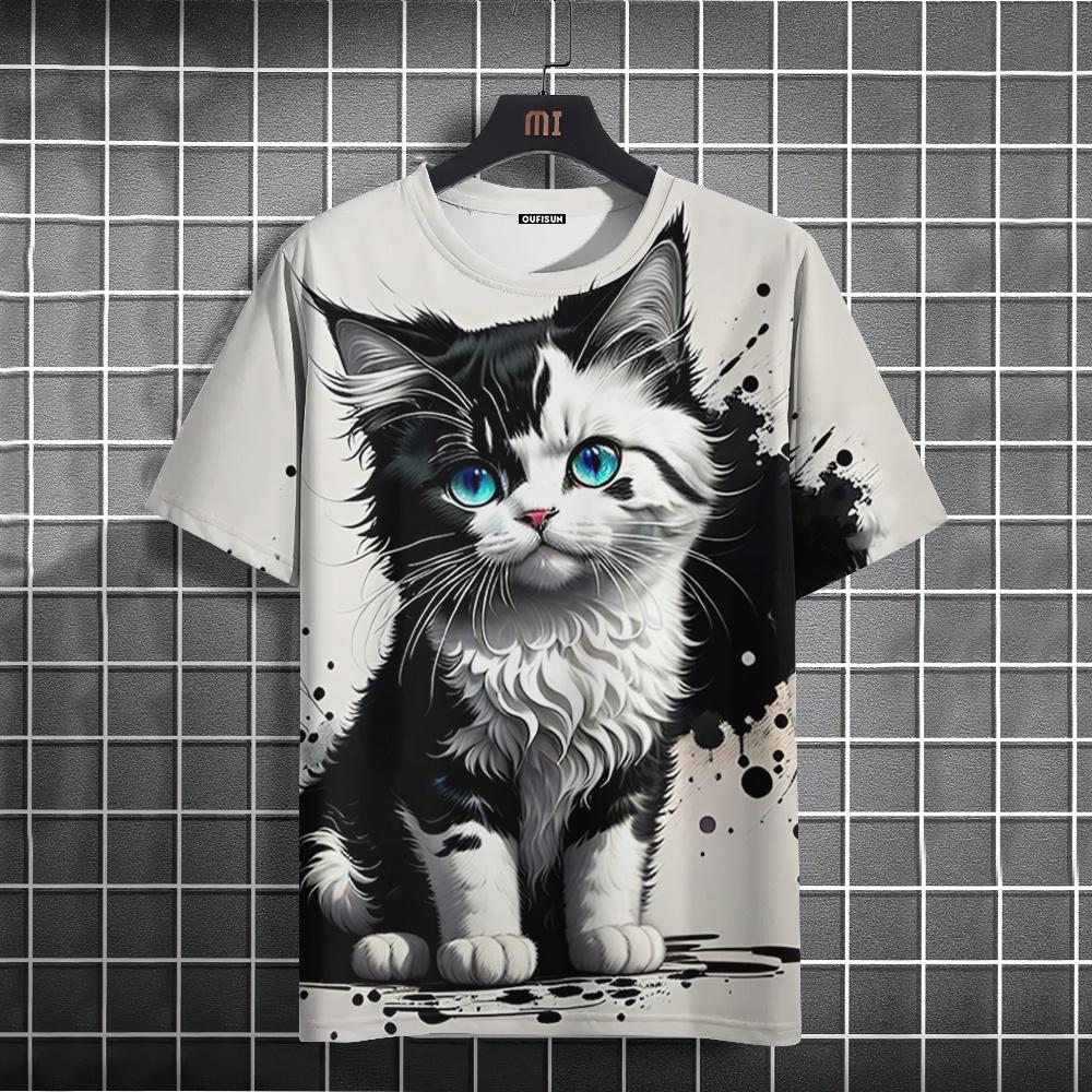 Bobby3 Cartoon Animal Men's T-Shirt Cute Cat Pattern Printed Tees Casual Loose Short Sleeve T-shirts Oversized Men Clothing Tops Summer XL