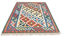 Morgenland Wollteppich Kelim Fars Teppich handgewebt blau, rechteckig, 4 mm Höhe, Kurzflor