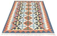 Morgenland Wollteppich Kelim Fars Teppich handgewebt blau, rechteckig, 4 mm Höhe, Kurzflor