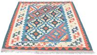 Morgenland Wollteppich Kelim Fars Teppich handgewebt blau, rechteckig, 4 mm Höhe, Kurzflor