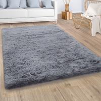 PACO HOME Hochflor Teppich Wohnzimmer Fellteppich Kunstfell Shaggy Flauschig Einfarbig Grau