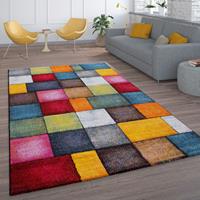 PACO HOME Kurzflor Wohnzimmer Teppich Bunt Karo Design Vierecke Mehrfarbig Farbenfroh