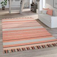 PACO HOME Wohnzimmer-Teppich, Flachgewebe Im Ethno-Design, Handgewebt, In Rot Und Apricot 60x110 cm