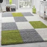 PACO HOME Hochflor Teppich Wohnzimmer Langflor Karomuster Grün Grau Creme 200x280 cm
