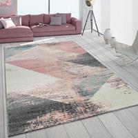 PACO HOME Teppich Wohnzimmer Grau Weiß Rosa Pastell Dreieck Muster Vintage Design Kurzflor 60x100 cm