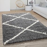 PACO HOME Hochflor Teppich Wohnzimmer Shaggy Skandinavisches Rauten Muster, Modern Dunkel Grau Ø 120 cm Rund