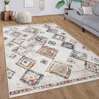 PACO HOME Teppich Wohnzimmer Kurzflor Ethno Boho 3D Muster Rauten Hell Modern Creme Bunt 80x150 cm