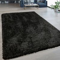 PACO HOME Hochflor Wohnzimmer Teppich Waschbar Shaggy Flokati Optik Einfarbig In Schwarz 80x150 cm